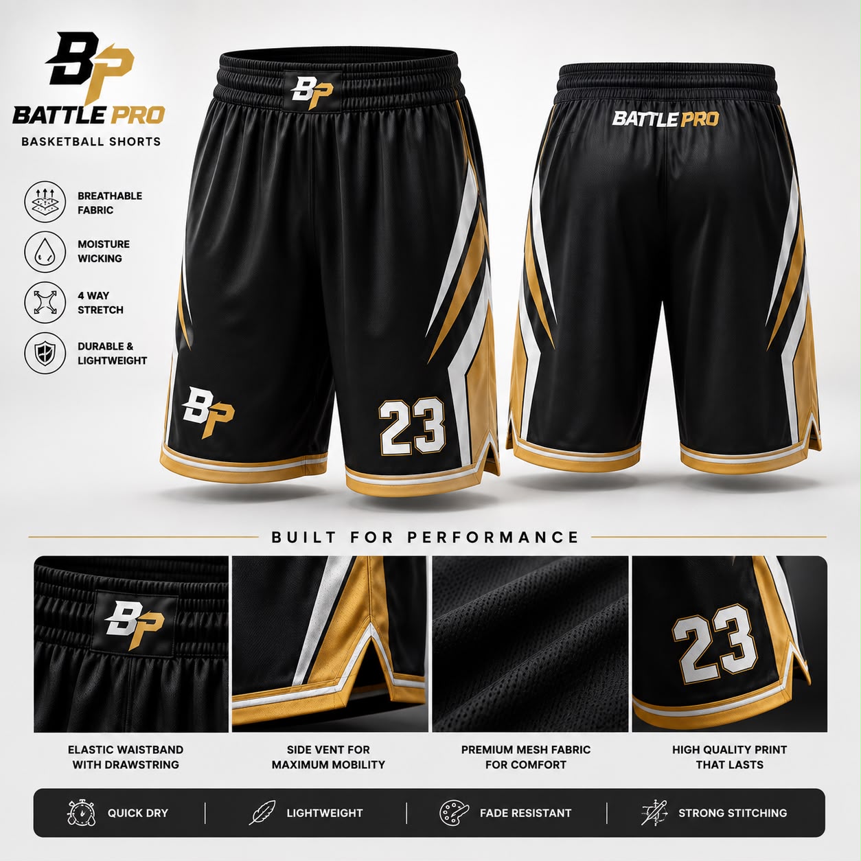 Onyx Gold-Trim Shorts
